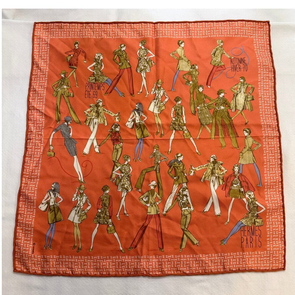 Hermes Paris 'Printemps Ete 69 Automne Hiver 70' 100% Silk Vintage Pocket Square